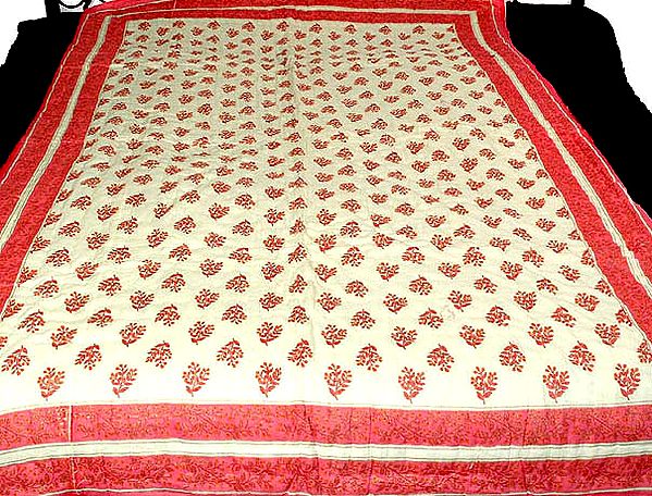 Ivory and Pink Floral Printed Jaipuri Quilt