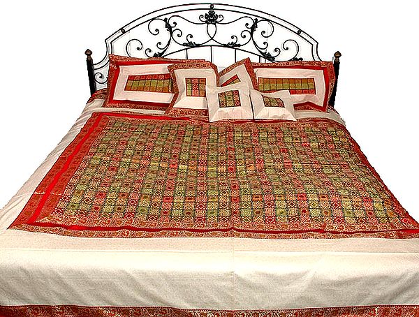 Ivory and Red Banarasi Bedspread with Golden Zari Weave