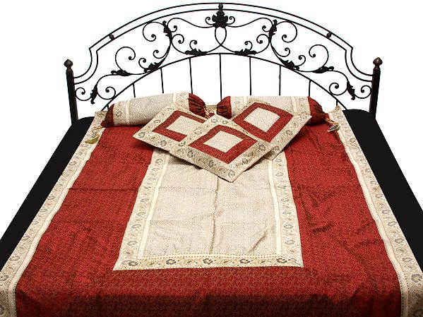 Ivory and Red Banarasi Single Bedspread with Tanchoi Weave All-Over and Brocaded Border