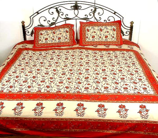 Ivory and Red Floral Printed Bedspread