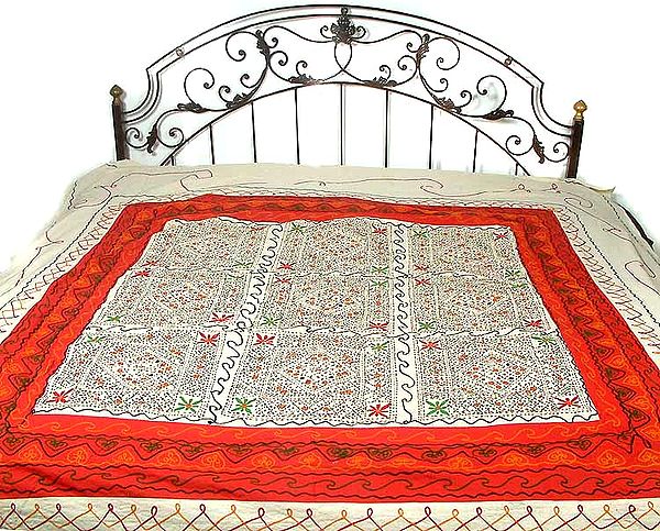 Ivory and Red Gujarati Bedspread with All-Over Embroidery