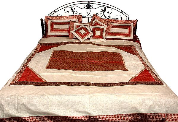 Ivory and Red Seven Piece Banarasi Bedcover with Patch Work
