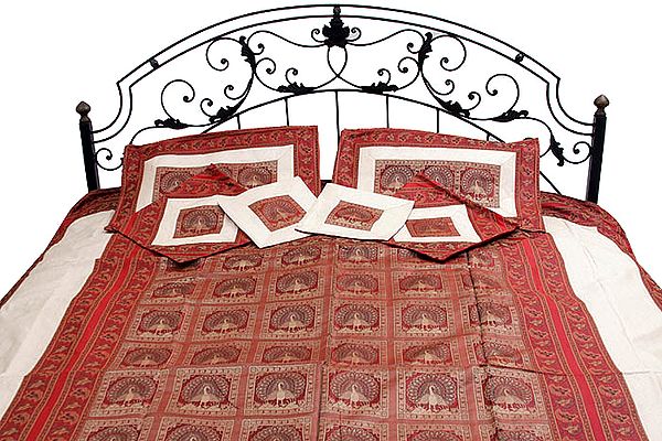 Ivory and Red Seven-Piece Banarasi Bedcover with Woven Peacocks