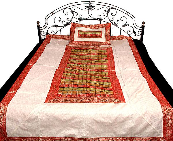 Ivory and Red Single Bed Banarasi Bedspread with Golden Zari Weave