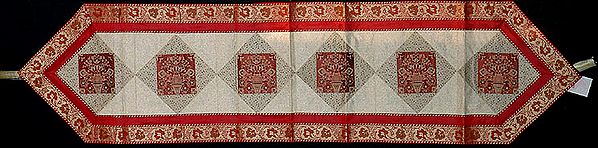 Ivory and Red Table Runner from Banaras with Woven Flower Pots