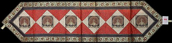 Ivory and Red Table Runner from Banaras with Woven Peacocks