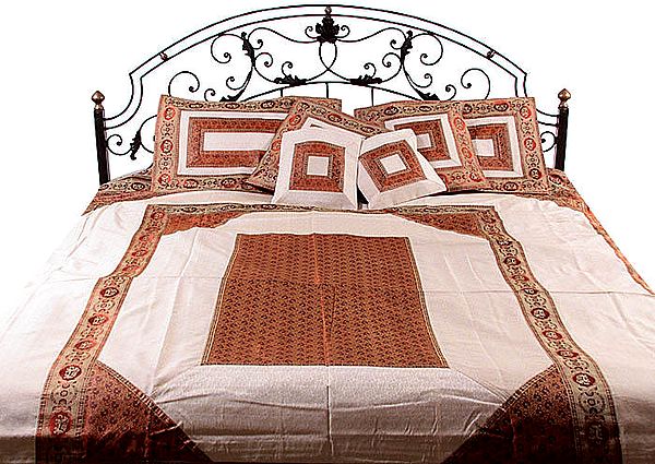 Ivory and Rust Seven-Piece Banarasi Bedcover with Woven Elephants