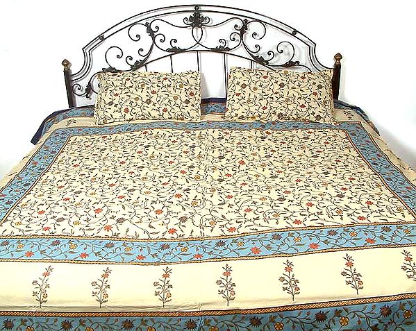 Ivory and Turquoise Floral Printed Bedspread