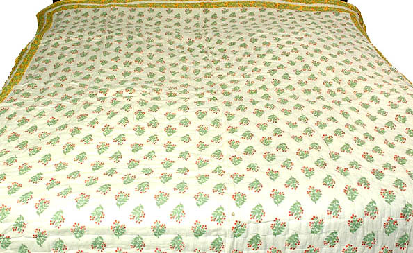 Ivory and Yellow Floral Printed Jaipuri Quilt