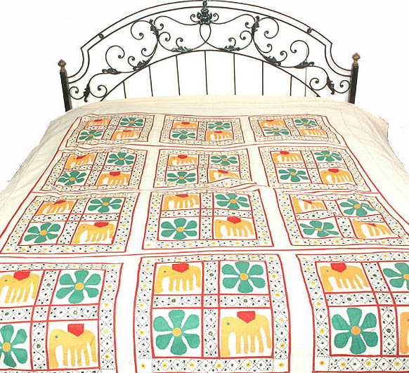 Ivory Applique Bedspread with Embroidery and Mirrors