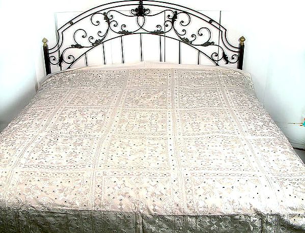 Ivory Bedcover with All-Over Embroidery and Mirrors