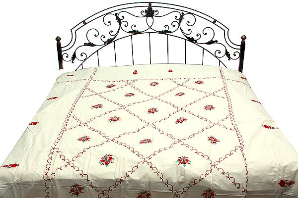 Ivory Bedspread from Kashmir with Ari Embroidered Flowers