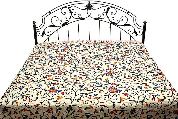 Ivory Bedspread from Kashmir with Ari Embroidered Flowers by Hand