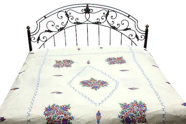 Ivory Bedspread from Kashmir with Ari-Embroidered Tulips
