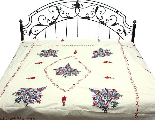 Ivory Bedspread from Kashmir with Ari-Embroidered Flowers