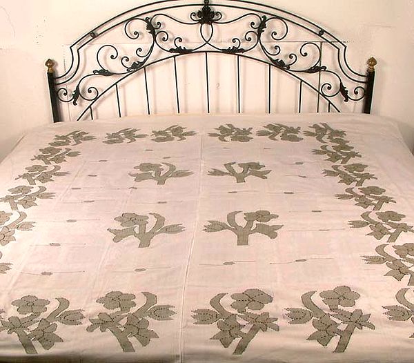 Ivory Bedspread from Manipur with Floral Embroidery