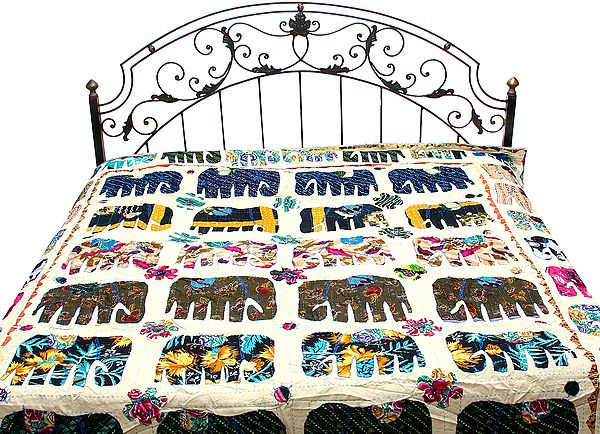 Ivory Bedspread with Applique Elephants and Kantha Stitched Embroidery