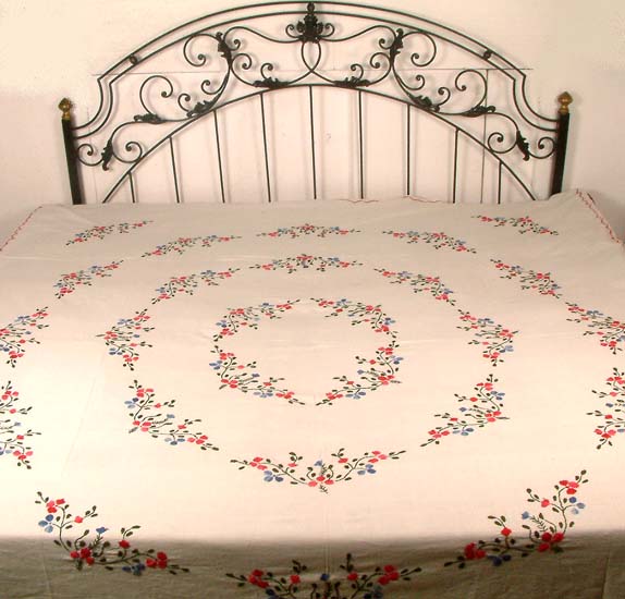 Ivory Bedspread with Floral Embroidery