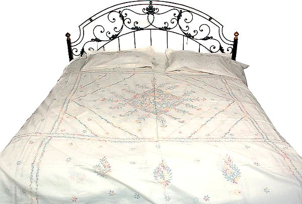 Ivory Bedspread with Multi-Color Lukhnavi Chikan Embroidery