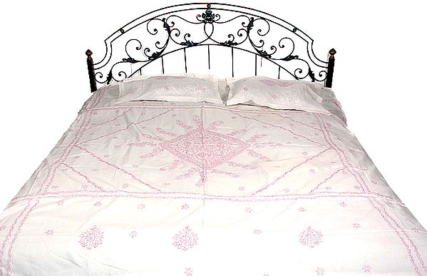 Ivory Bedspread with Pink Lukhnavi Chikan Embroidery