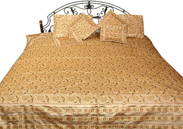 Ivory Brocaded Banarasi Bedcover with All-Over Embroidered Paisleys