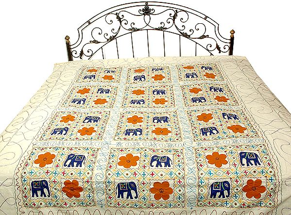 Ivory Elephant Bedspread with Appliqué Work and Embroidery