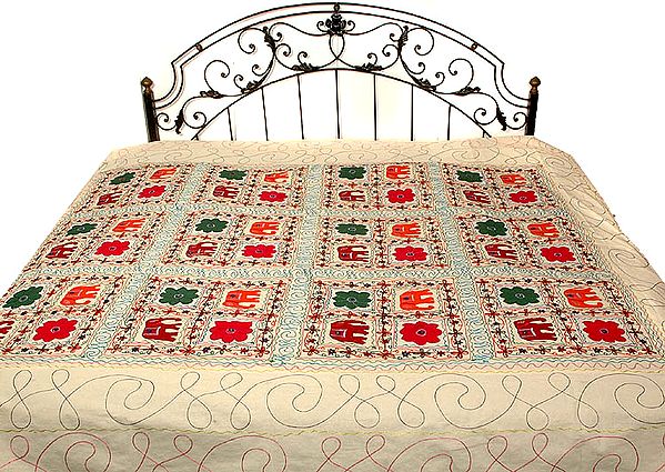 Ivory Elephant Bedspread with Appliqué Work and Embroidery