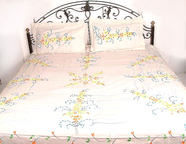 Ivory Floral Painted Bedspread