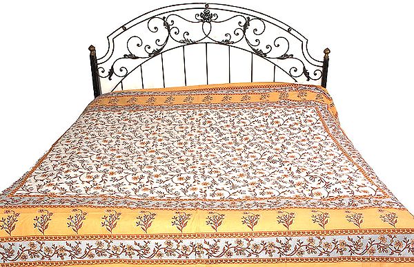 Ivory Floral Printed Bedspread from Sanganer