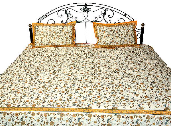 Ivory Floral Printed Bedspread