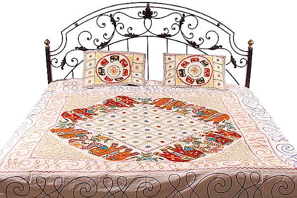 Ivory Gujarati Bedspread with Appliqué Elephants and All-Over Embroidery
