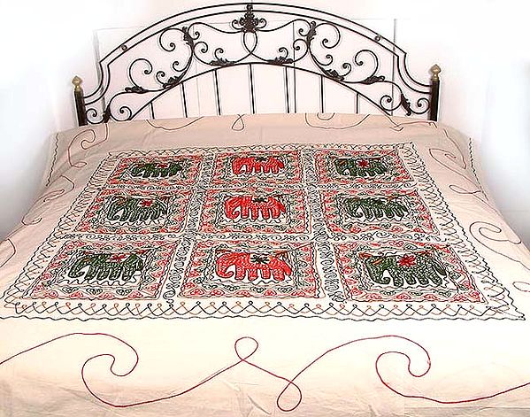 Ivory Gujarati Bedspread with Embroidered Elephants