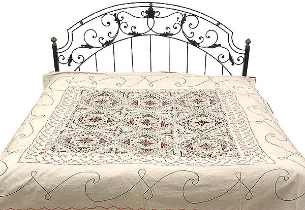 Ivory Gujarati Bedspread with Embroidered Flowers