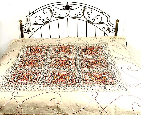 Ivory Gujarati Hand-Embroidered Bedspread with Mirror Work
