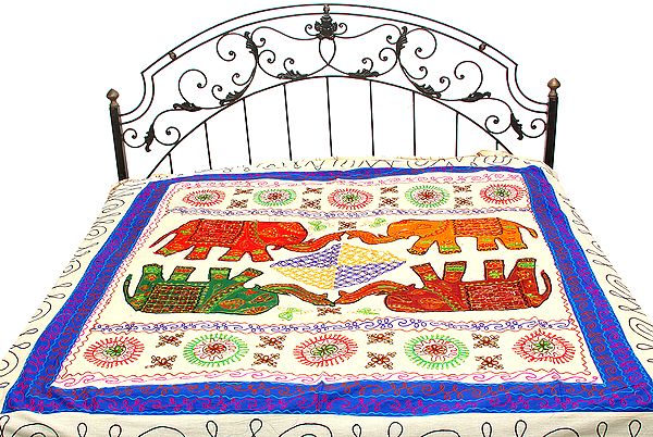 Ivory Gujrati Bedspread with All-Over Embroidered Elephants and Sequins