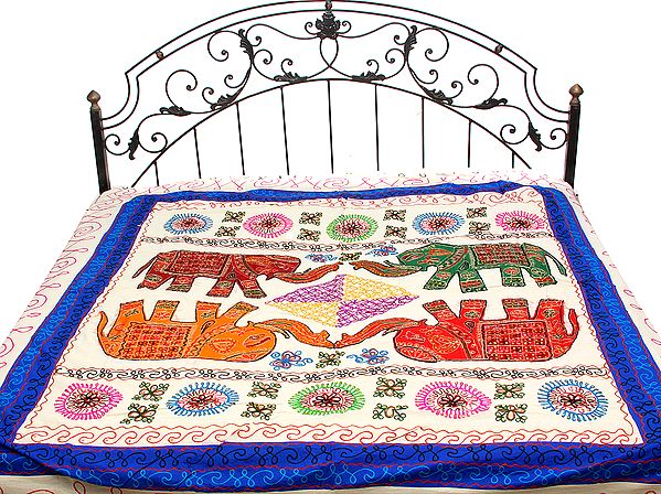 Ivory Gujrati Bedspread with All-Over Patch-work Elephants and Sequins