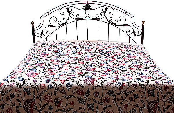 Ivory Kashmiri Bedcover with Crewel-Embroidery All-Over