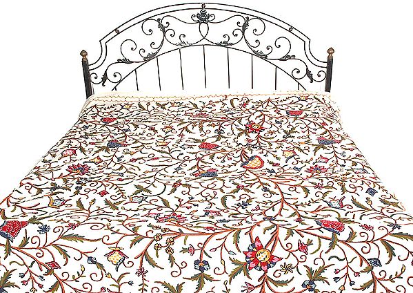 Ivory Kashmiri Bedcover with Dense Embroidery by Hand