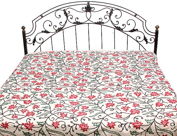 Ivory Kashmiri Bedspread with All-Over Ari Embroidered Chinar Leaves