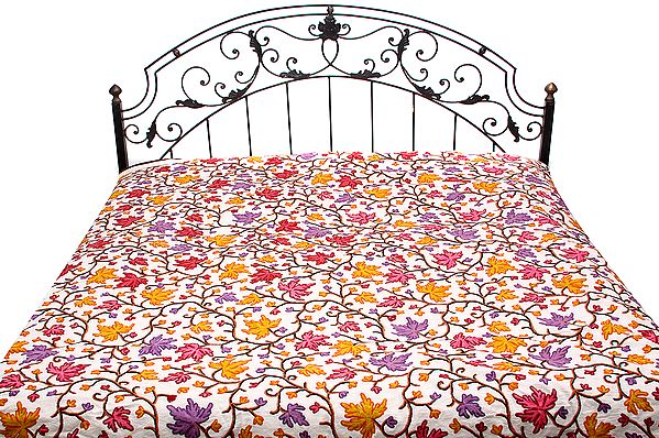 Ivory Kashmiri Bedspread with All-Over Ari Embroidered Maple Leaves