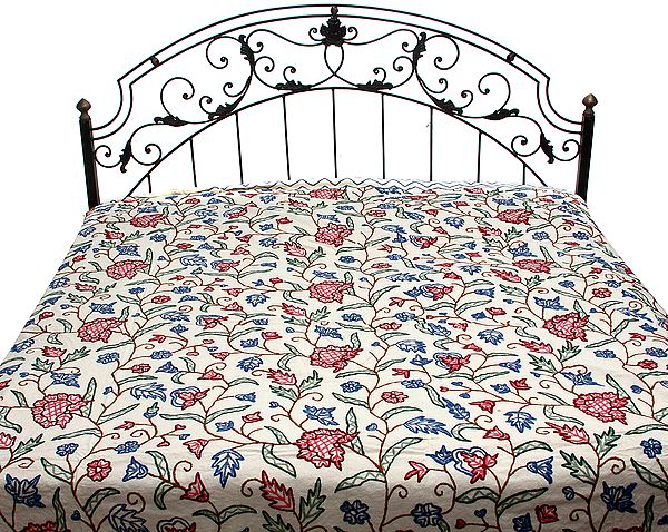 Ivory Kashmiri Bedspread with All-Over Ari-Embroidered Flowers