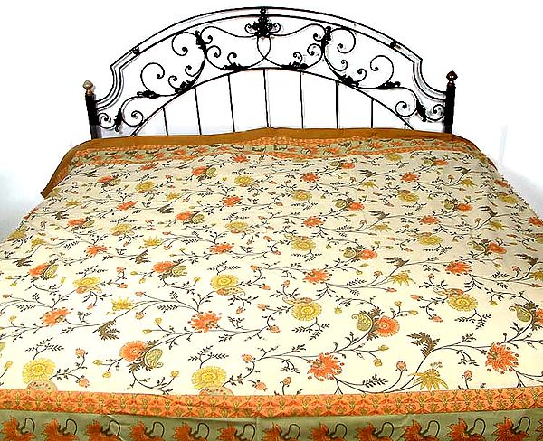 Ivory Printed Bedspread with Flowers