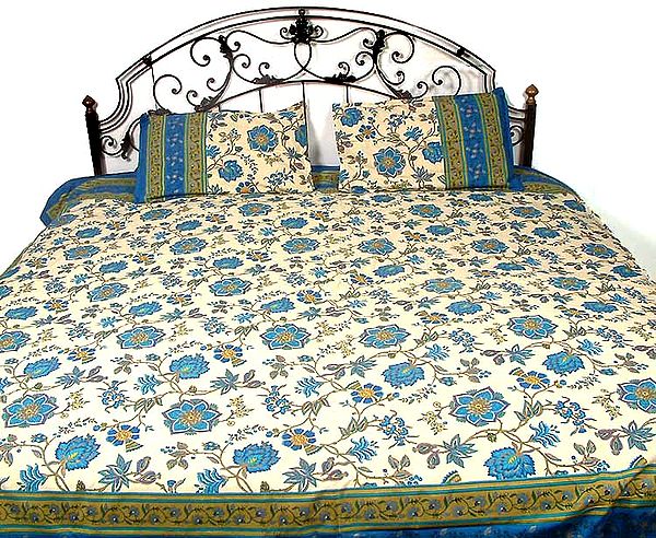 Ivory Printed Bedspread with Large Flowers