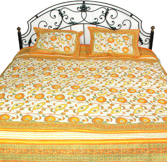 Ivory Printed Bedspread with Orange Flowers