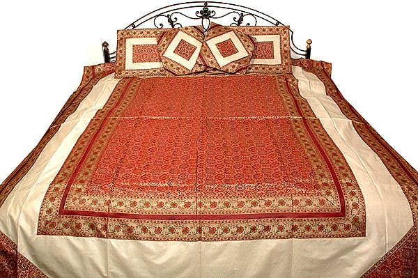 Ivory and Red Bedcover from Banaras with Floral Brocade Weave
