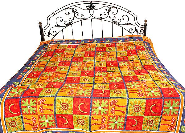 Jaipuri Quilt with Kantha Stitch Embroidery and Auspicious Print