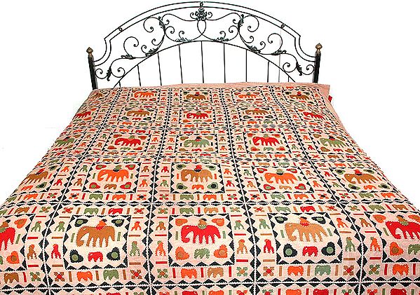 Kantha Stitch Bedspread with Auspicious Motifs