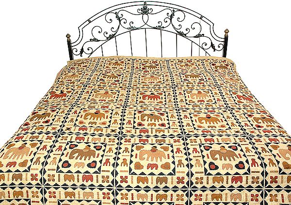 Kantha Stitch Bedspread with Auspicious Motifs