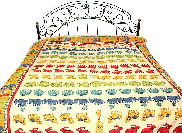 Kantha Stitch Bedspread with Wildlife Motif