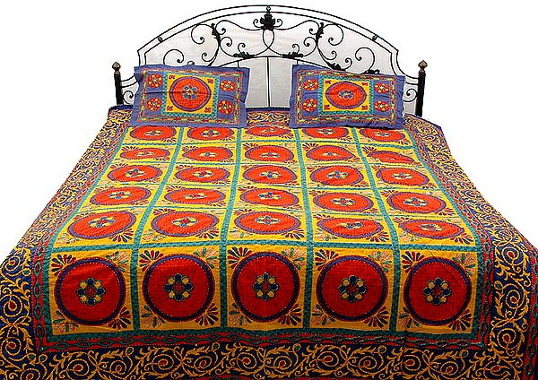 Kantha Stitch Printed Bedspread with Multi-Color Print